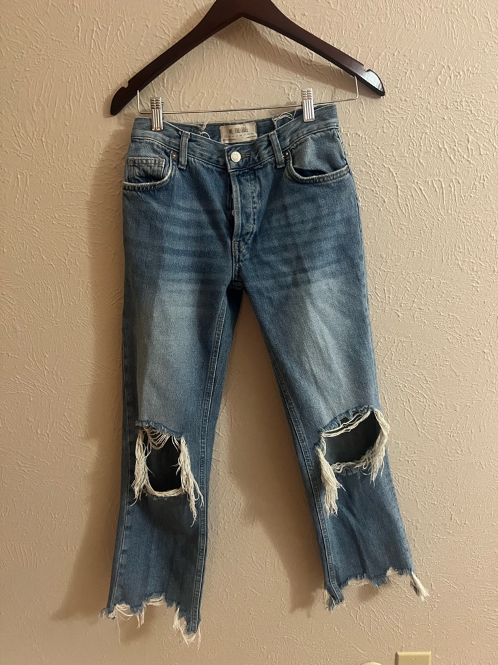 We The Free Distressed Crop Flare Jeans Size 24 Altered Waist Raw Hem Boho Denim